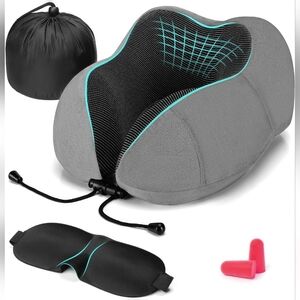 New HOMIEE Travel Neck Memory Foam Pillow, Sleep Mask, Earplugs & Carrying Bag!